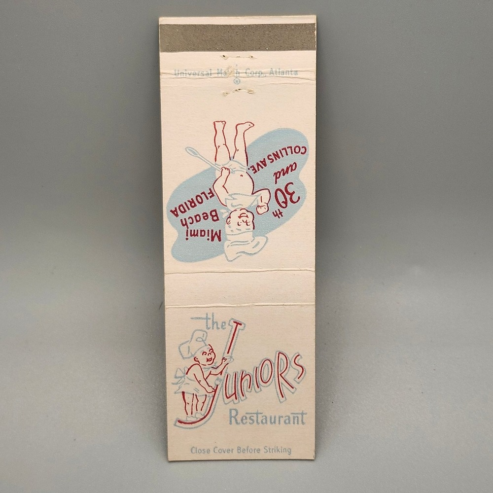 Vintage Juniors Restaurant Matchbook Miami Beach FL 30th Collins Ave Advertising
